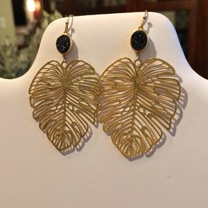 Panacea Navy Druzy gold leaf earrings
